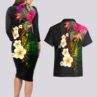 Hawaii Plumeria Couples Matching Long Sleeve Bodycon Dress and Hawaiian Shirt Polynesian Tattoo and Hibiscus LT03 - Polynesian Pride