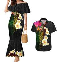 Hawaii Plumeria Couples Matching Mermaid Dress and Hawaiian Shirt Polynesian Tattoo and Hibiscus LT03 Black - Polynesian Pride