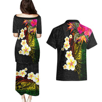 Hawaii Plumeria Couples Matching Puletasi and Hawaiian Shirt Polynesian Tattoo and Hibiscus