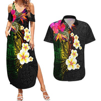 Hawaii Plumeria Couples Matching Summer Maxi Dress and Hawaiian Shirt Polynesian Tattoo and Hibiscus LT03 Black - Polynesian Pride