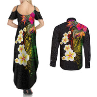 Hawaii Plumeria Couples Matching Summer Maxi Dress and Long Sleeve Button Shirt Polynesian Tattoo and Hibiscus LT03 - Polynesian Pride