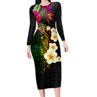Hawaii Plumeria Family Matching Long Sleeve Bodycon Dress and Hawaiian Shirt Polynesian Tattoo and Hibiscus LT03 Mom's Dress Black - Polynesian Pride