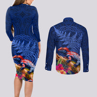 New Zealand Tuatara Couples Matching Long Sleeve Bodycon Dress and Long Sleeve Button Shirt Silver Fern Hibiscus and Tribal Maori Pattern Blue Color LT03 - Polynesian Pride