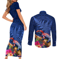 New Zealand Tuatara Couples Matching Short Sleeve Bodycon Dress and Long Sleeve Button Shirt Silver Fern Hibiscus and Tribal Maori Pattern Blue Color LT03 - Polynesian Pride