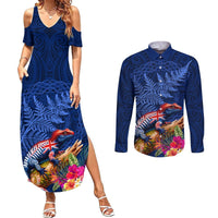 New Zealand Tuatara Couples Matching Summer Maxi Dress and Long Sleeve Button Shirt Silver Fern Hibiscus and Tribal Maori Pattern Blue Color LT03 Blue - Polynesian Pride
