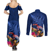 New Zealand Tuatara Couples Matching Summer Maxi Dress and Long Sleeve Button Shirt Silver Fern Hibiscus and Tribal Maori Pattern Blue Color LT03 - Polynesian Pride