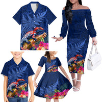 New Zealand Tuatara Family Matching Off The Shoulder Long Sleeve Dress and Hawaiian Shirt Silver Fern Hibiscus and Tribal Maori Pattern Blue Color LT03 - Polynesian Pride