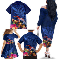 New Zealand Tuatara Family Matching Off The Shoulder Long Sleeve Dress and Hawaiian Shirt Silver Fern Hibiscus and Tribal Maori Pattern Blue Color LT03 - Polynesian Pride