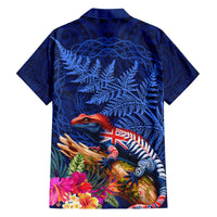New Zealand Tuatara Family Matching Off The Shoulder Long Sleeve Dress and Hawaiian Shirt Silver Fern Hibiscus and Tribal Maori Pattern Blue Color LT03 - Polynesian Pride