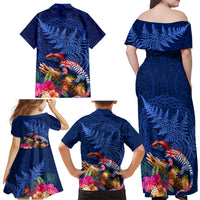 New Zealand Tuatara Family Matching Off Shoulder Maxi Dress and Hawaiian Shirt Silver Fern Hibiscus and Tribal Maori Pattern Blue Color LT03 - Polynesian Pride