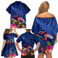 New Zealand Tuatara Family Matching Off Shoulder Short Dress and Hawaiian Shirt Silver Fern Hibiscus and Tribal Maori Pattern Blue Color LT03 - Polynesian Pride
