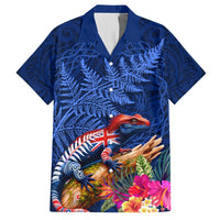 New Zealand Tuatara Hawaiian Shirt Silver Fern Hibiscus and Tribal Maori Pattern Blue Color LT03 Blue - Polynesian Pride