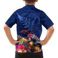 New Zealand Tuatara Kid Hawaiian Shirt Silver Fern Hibiscus and Tribal Maori Pattern Blue Color LT03 - Polynesian Pride