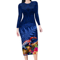 New Zealand Tuatara Long Sleeve Bodycon Dress Silver Fern Hibiscus and Tribal Maori Pattern Blue Color LT03 Long Dress Blue - Polynesian Pride