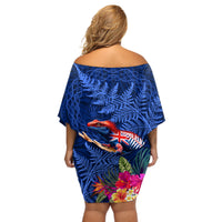 New Zealand Tuatara Off Shoulder Short Dress Silver Fern Hibiscus and Tribal Maori Pattern Blue Color