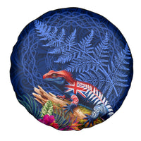 New Zealand Tuatara Spare Tire Cover Silver Fern Hibiscus and Tribal Maori Pattern Blue Color