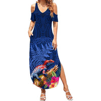 New Zealand Tuatara Summer Maxi Dress Silver Fern Hibiscus and Tribal Maori Pattern Blue Color LT03 Women Blue - Polynesian Pride