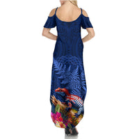 New Zealand Tuatara Summer Maxi Dress Silver Fern Hibiscus and Tribal Maori Pattern Blue Color LT03 - Polynesian Pride