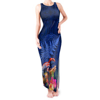 New Zealand Tuatara Tank Maxi Dress Silver Fern Hibiscus and Tribal Maori Pattern Blue Color LT03 Women Blue - Polynesian Pride