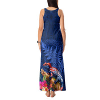 New Zealand Tuatara Tank Maxi Dress Silver Fern Hibiscus and Tribal Maori Pattern Blue Color LT03 - Polynesian Pride