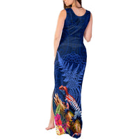New Zealand Tuatara Tank Maxi Dress Silver Fern Hibiscus and Tribal Maori Pattern Blue Color LT03 - Polynesian Pride