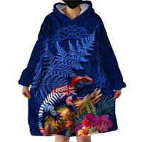 New Zealand Tuatara Wearable Blanket Hoodie Silver Fern Hibiscus and Tribal Maori Pattern Blue Color LT03 - Polynesian Pride