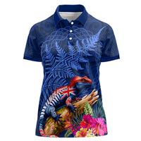 New Zealand Tuatara Women Polo Shirt Silver Fern Hibiscus and Tribal Maori Pattern Blue Color LT03 Female Blue - Polynesian Pride