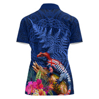 New Zealand Tuatara Women Polo Shirt Silver Fern Hibiscus and Tribal Maori Pattern Blue Color LT03 - Polynesian Pride