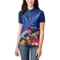 New Zealand Tuatara Women Polo Shirt Silver Fern Hibiscus and Tribal Maori Pattern Blue Color LT03 - Polynesian Pride