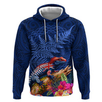 New Zealand Tuatara Zip Hoodie Silver Fern Hibiscus and Tribal Maori Pattern Blue Color LT03 Pullover Hoodie Blue - Polynesian Pride