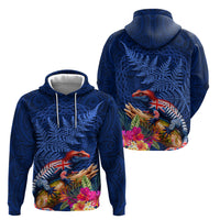 New Zealand Tuatara Zip Hoodie Silver Fern Hibiscus and Tribal Maori Pattern Blue Color LT03 - Polynesian Pride