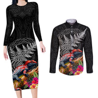 New Zealand Tuatara Couples Matching Long Sleeve Bodycon Dress and Long Sleeve Button Shirt Silver Fern Hibiscus and Tribal Maori Pattern Black Color LT03 Black - Polynesian Pride