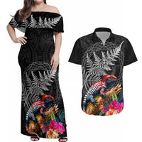 New Zealand Tuatara Couples Matching Off Shoulder Maxi Dress and Hawaiian Shirt Silver Fern Hibiscus and Tribal Maori Pattern Black Color LT03 Black - Polynesian Pride