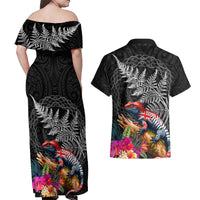 New Zealand Tuatara Couples Matching Off Shoulder Maxi Dress and Hawaiian Shirt Silver Fern Hibiscus and Tribal Maori Pattern Black Color LT03 - Polynesian Pride