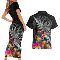New Zealand Tuatara Couples Matching Short Sleeve Bodycon Dress and Hawaiian Shirt Silver Fern Hibiscus and Tribal Maori Pattern Black Color LT03 - Polynesian Pride