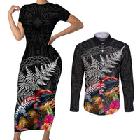 New Zealand Tuatara Couples Matching Short Sleeve Bodycon Dress and Long Sleeve Button Shirt Silver Fern Hibiscus and Tribal Maori Pattern Black Color LT03 Black - Polynesian Pride