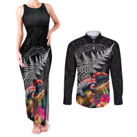 New Zealand Tuatara Couples Matching Tank Maxi Dress and Long Sleeve Button Shirt Silver Fern Hibiscus and Tribal Maori Pattern Black Color LT03 Black - Polynesian Pride