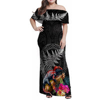 New Zealand Tuatara Family Matching Off Shoulder Maxi Dress and Hawaiian Shirt Silver Fern Hibiscus and Tribal Maori Pattern Black Color LT03 Mom's Dress Black - Polynesian Pride