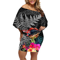 New Zealand Tuatara Family Matching Off Shoulder Short Dress and Hawaiian Shirt Silver Fern Hibiscus and Tribal Maori Pattern Black Color LT03 Mom's Dress Black - Polynesian Pride