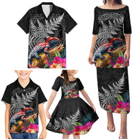 New Zealand Tuatara Family Matching Puletasi and Hawaiian Shirt Silver Fern Hibiscus and Tribal Maori Pattern Black Color LT03 - Polynesian Pride