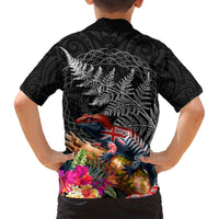 New Zealand Tuatara Family Matching Short Sleeve Bodycon Dress and Hawaiian Shirt Silver Fern Hibiscus and Tribal Maori Pattern Black Color LT03 - Polynesian Pride