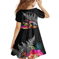 New Zealand Tuatara Family Matching Short Sleeve Bodycon Dress and Hawaiian Shirt Silver Fern Hibiscus and Tribal Maori Pattern Black Color LT03 - Polynesian Pride
