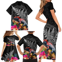 New Zealand Tuatara Family Matching Short Sleeve Bodycon Dress and Hawaiian Shirt Silver Fern Hibiscus and Tribal Maori Pattern Black Color LT03 - Polynesian Pride