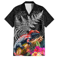 New Zealand Tuatara Hawaiian Shirt Silver Fern Hibiscus and Tribal Maori Pattern Black Color LT03 Black - Polynesian Pride