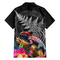 New Zealand Tuatara Hawaiian Shirt Silver Fern Hibiscus and Tribal Maori Pattern Black Color LT03 - Polynesian Pride