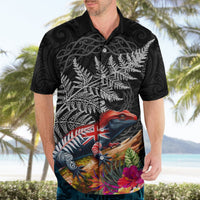 New Zealand Tuatara Hawaiian Shirt Silver Fern Hibiscus and Tribal Maori Pattern Black Color LT03 - Polynesian Pride
