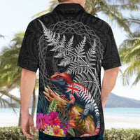 New Zealand Tuatara Hawaiian Shirt Silver Fern Hibiscus and Tribal Maori Pattern Black Color LT03 - Polynesian Pride