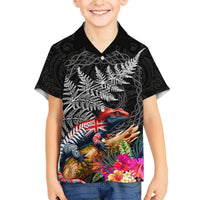 New Zealand Tuatara Hawaiian Shirt Silver Fern Hibiscus and Tribal Maori Pattern Black Color LT03 - Polynesian Pride