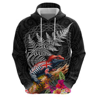 New Zealand Tuatara Hoodie Silver Fern Hibiscus and Tribal Maori Pattern Black Color LT03 - Polynesian Pride