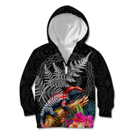 New Zealand Tuatara Kid Hoodie Silver Fern Hibiscus and Tribal Maori Pattern Black Color LT03 Zip Hoodie Black - Polynesian Pride
